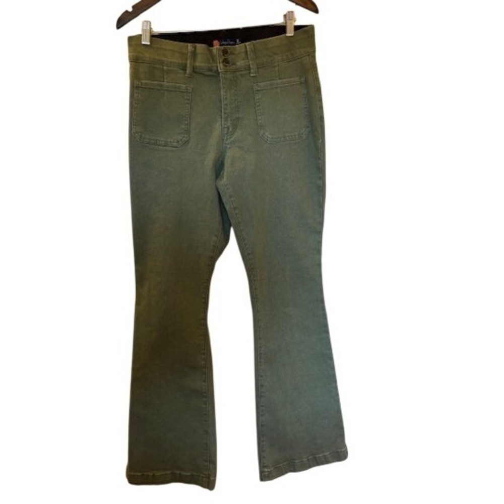 Indigo Poppy Olive Green Flare Jeans High Rise Patch Pocket Stretch Size 12